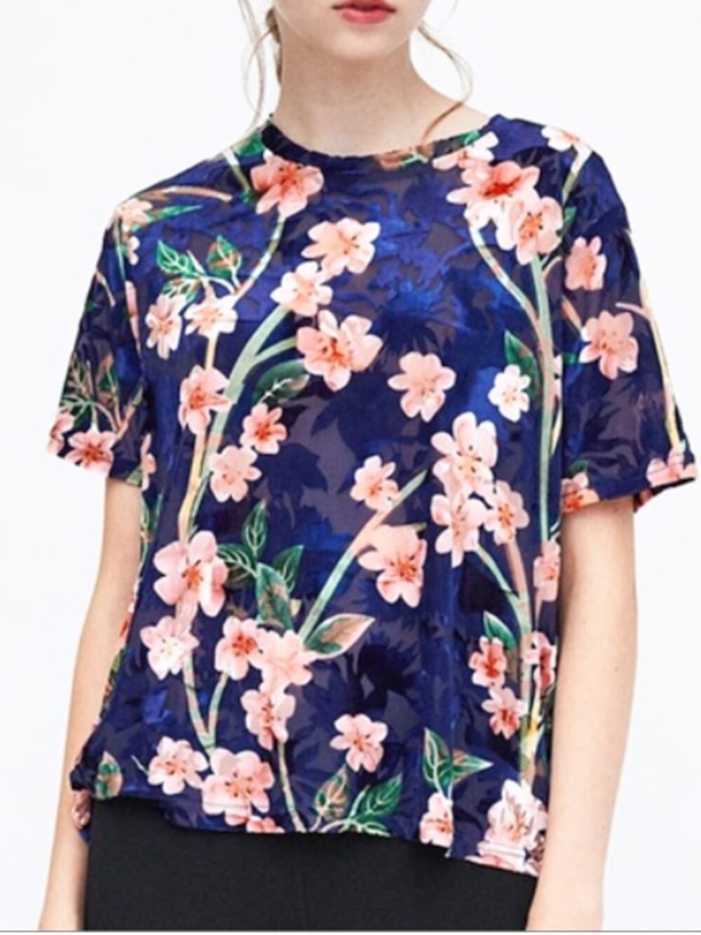 Zara Floral Velvet Burnout Oversized Top